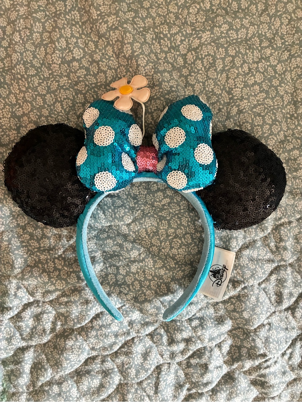 Disney Sequin Minnie Ear Headband with Teal Polka Dot Bow and Black Ears